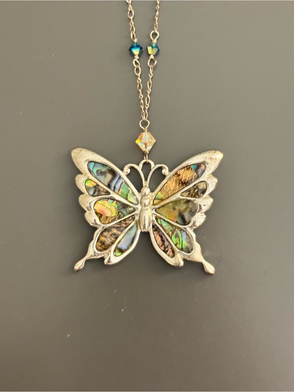 Iridescent Abalone Butterfly Pendant Necklace - Multicolor